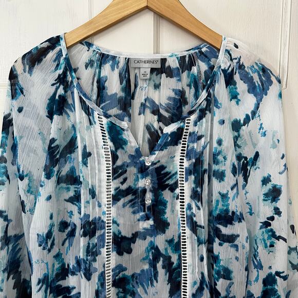 Catherines Blue Semi Sheer Peasant Blouse Womens Plus 2X V Neck Kimono Sleeve - Picture 9 of 9